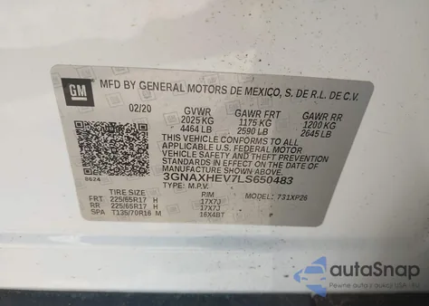 2020 Chevrolet Equinox Fwd Ls z USA, uszkodzony, nr VIN 3GNAXHEV7LS650483